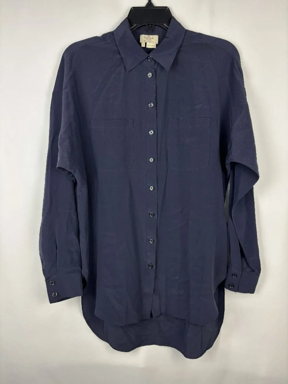 2 Kate Spade 100% Silk Button Up Navy Blue Collared Hi Lo Button Cuff Rounded